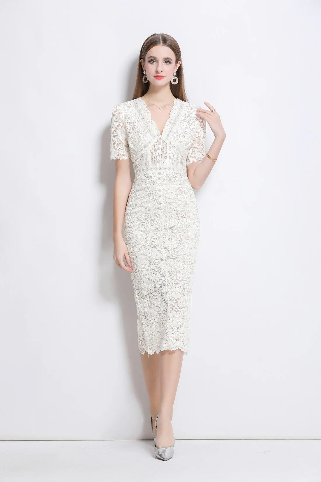 Donna Slim Fit White Lace Cut Out Dress with Inner Slip