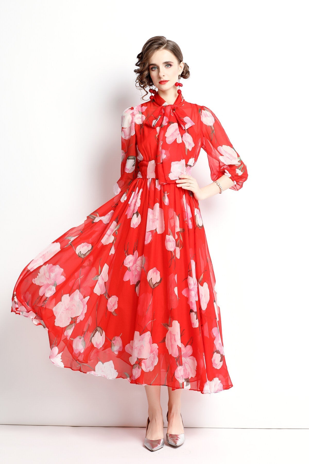 Flowy Floral Chiffon Vacation Dress-5
