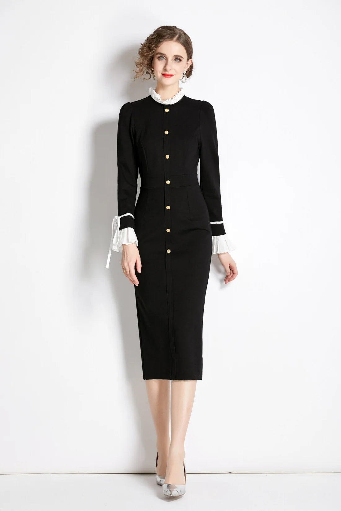 Black French Paneled Button Down Slim Fit Dress