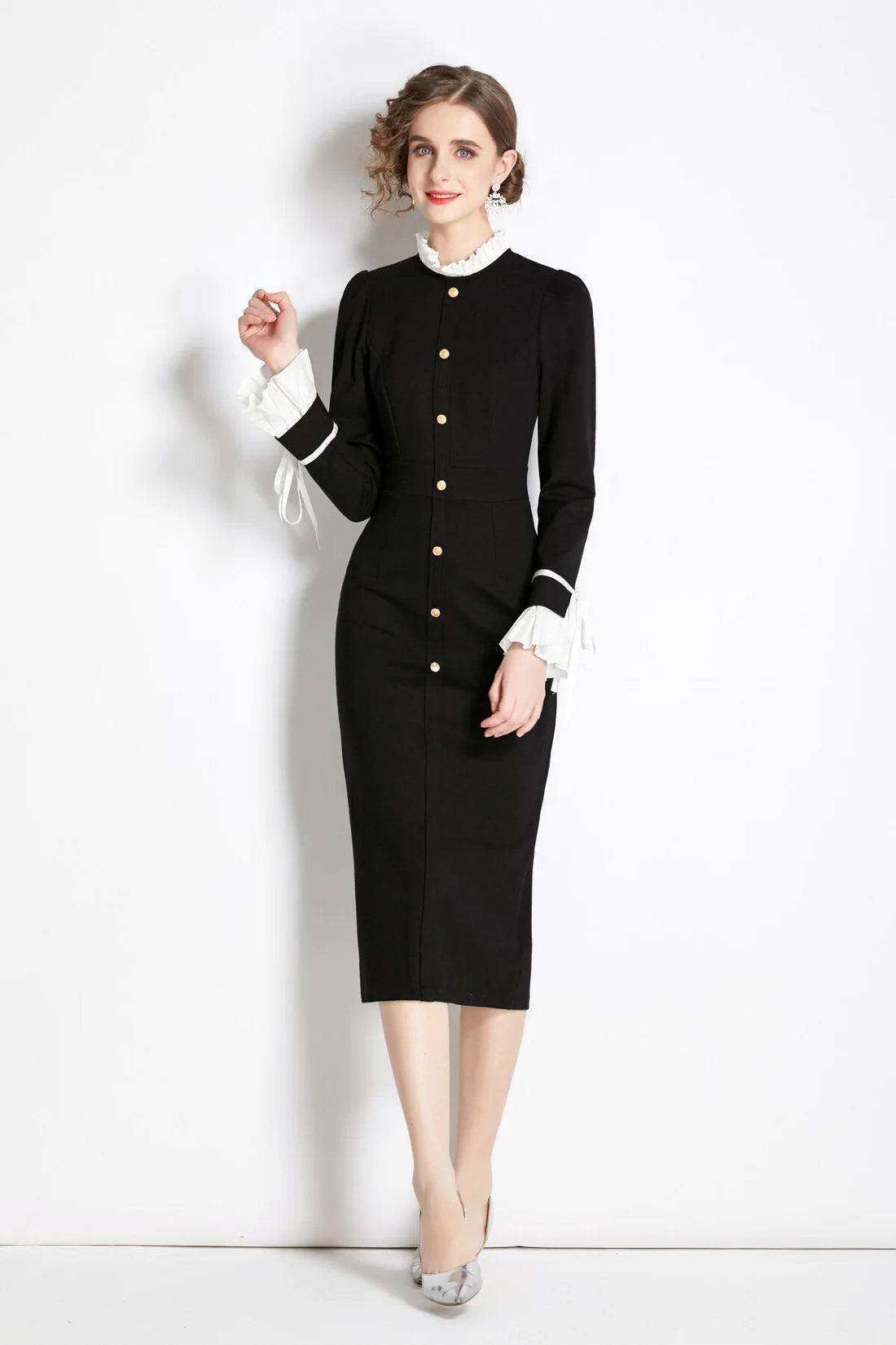 Black French Paneled Button Down Slim Fit Dress