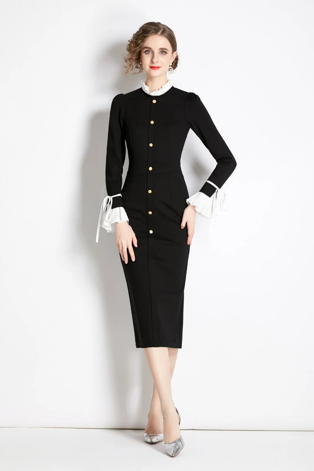 Black French Paneled Button Down Slim Fit Dress