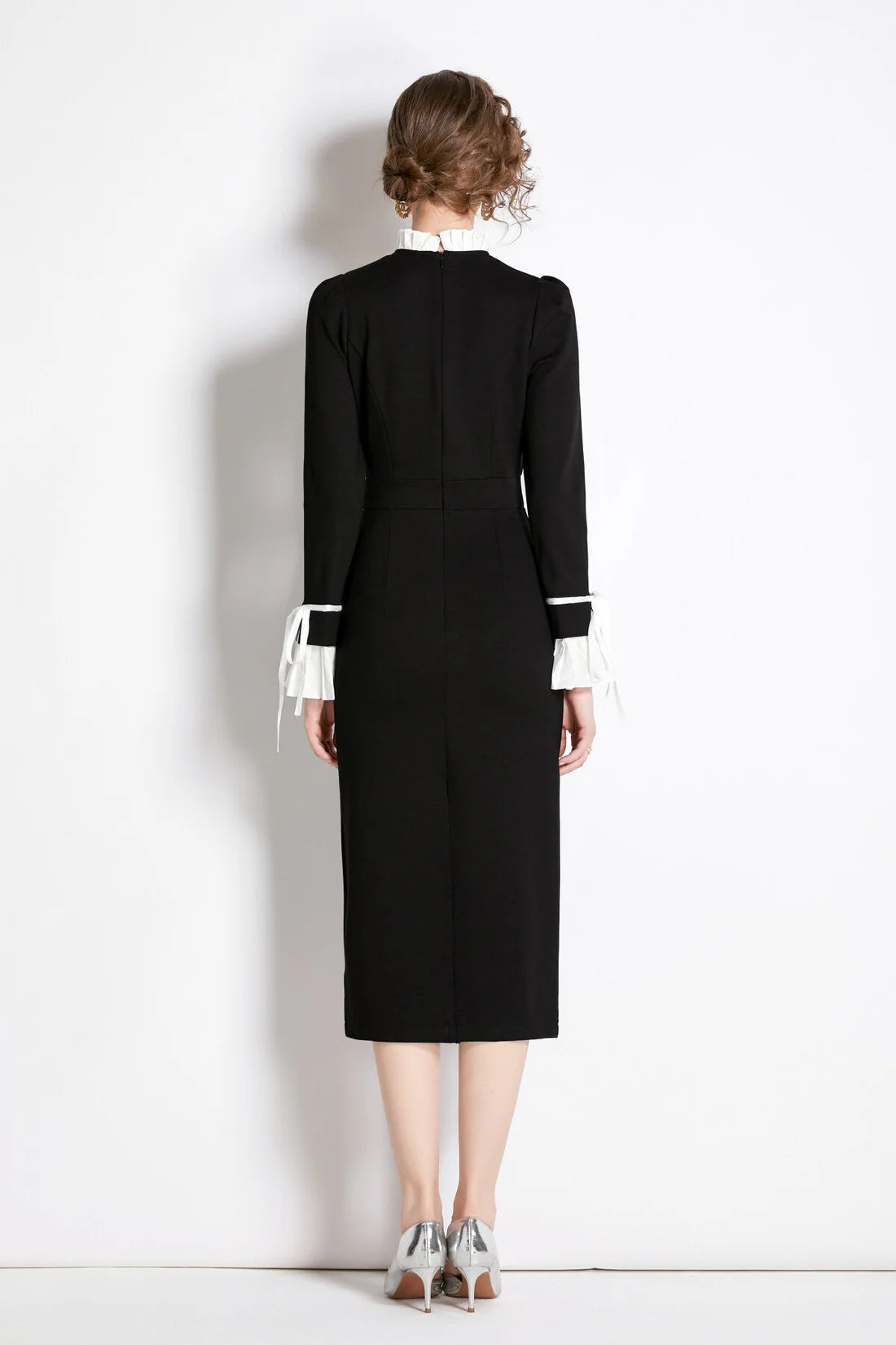 Black French Paneled Button Down Slim Fit Dress