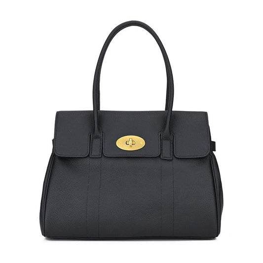 Handväska i veganskt läder, randigt foder och gulddetaljer