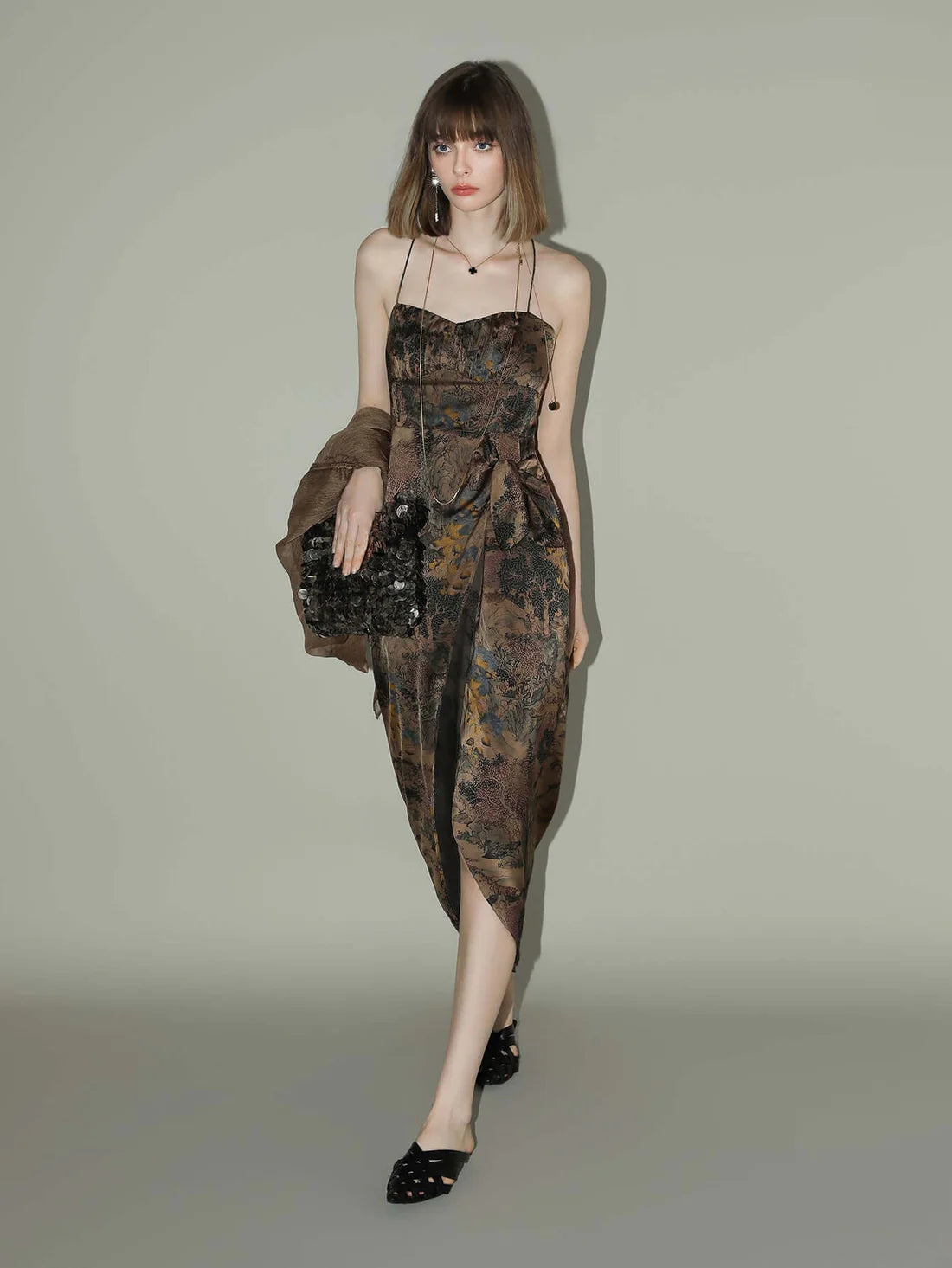 Oriental Gold Ruched Satin Print Slip Dress