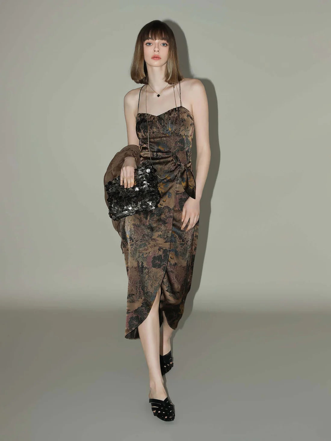 Oriental Gold Ruched Satin Print Slip Dress