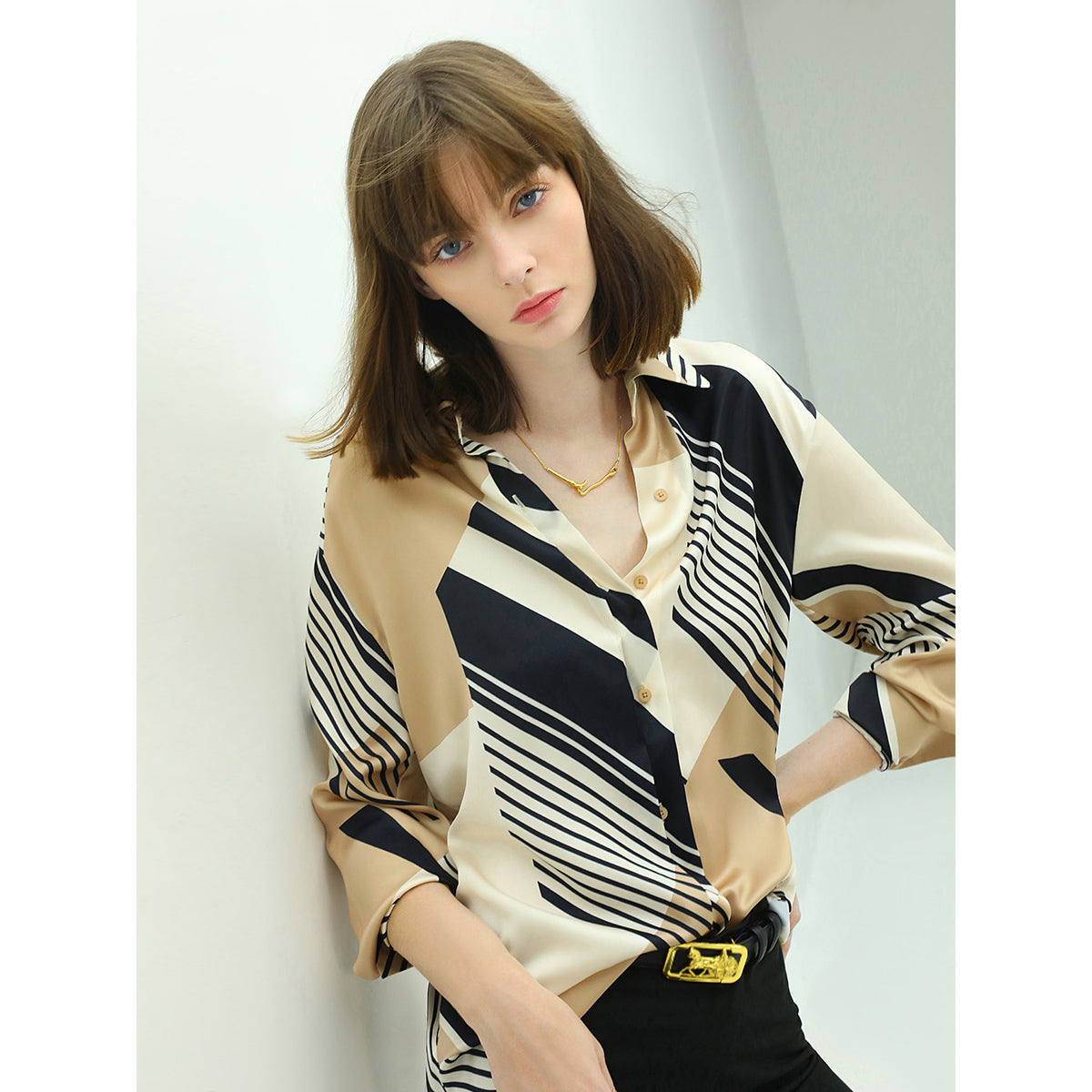 Abstract Geometric Print Silk Khaki Shirt-0