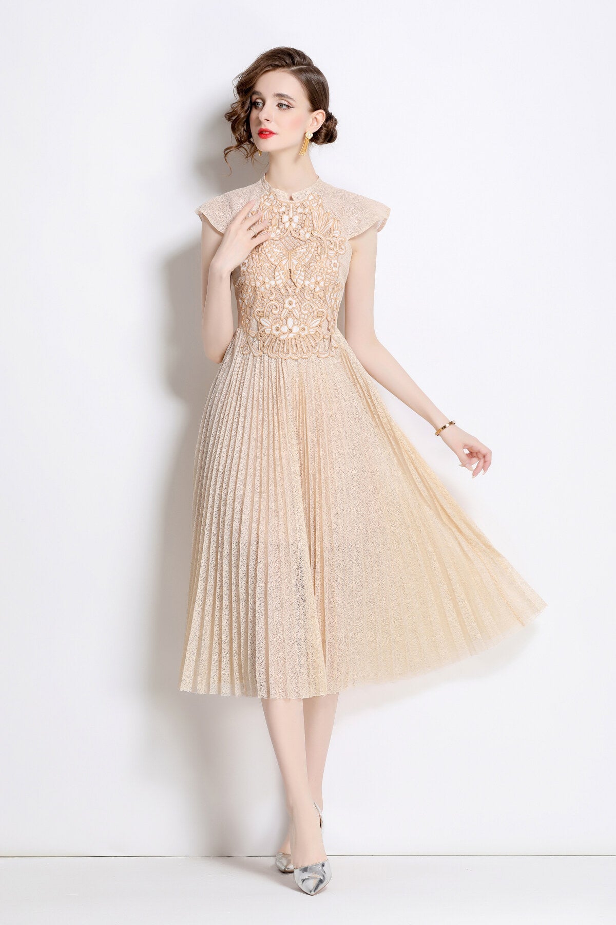 Apricot Lace Embroidered Pleated Midi Dress-1