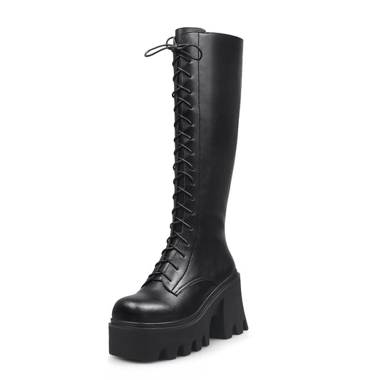 Black Lace-Up Knee-High Boots-1