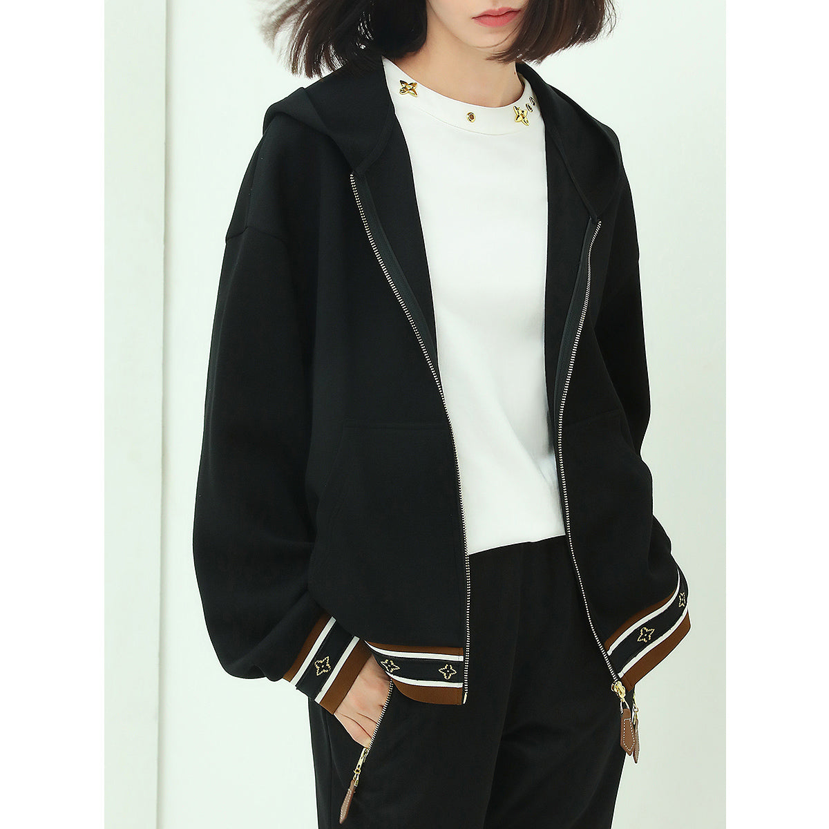 Black Zip-Through Hooded Jacket with Hem and Cuff Piping-2