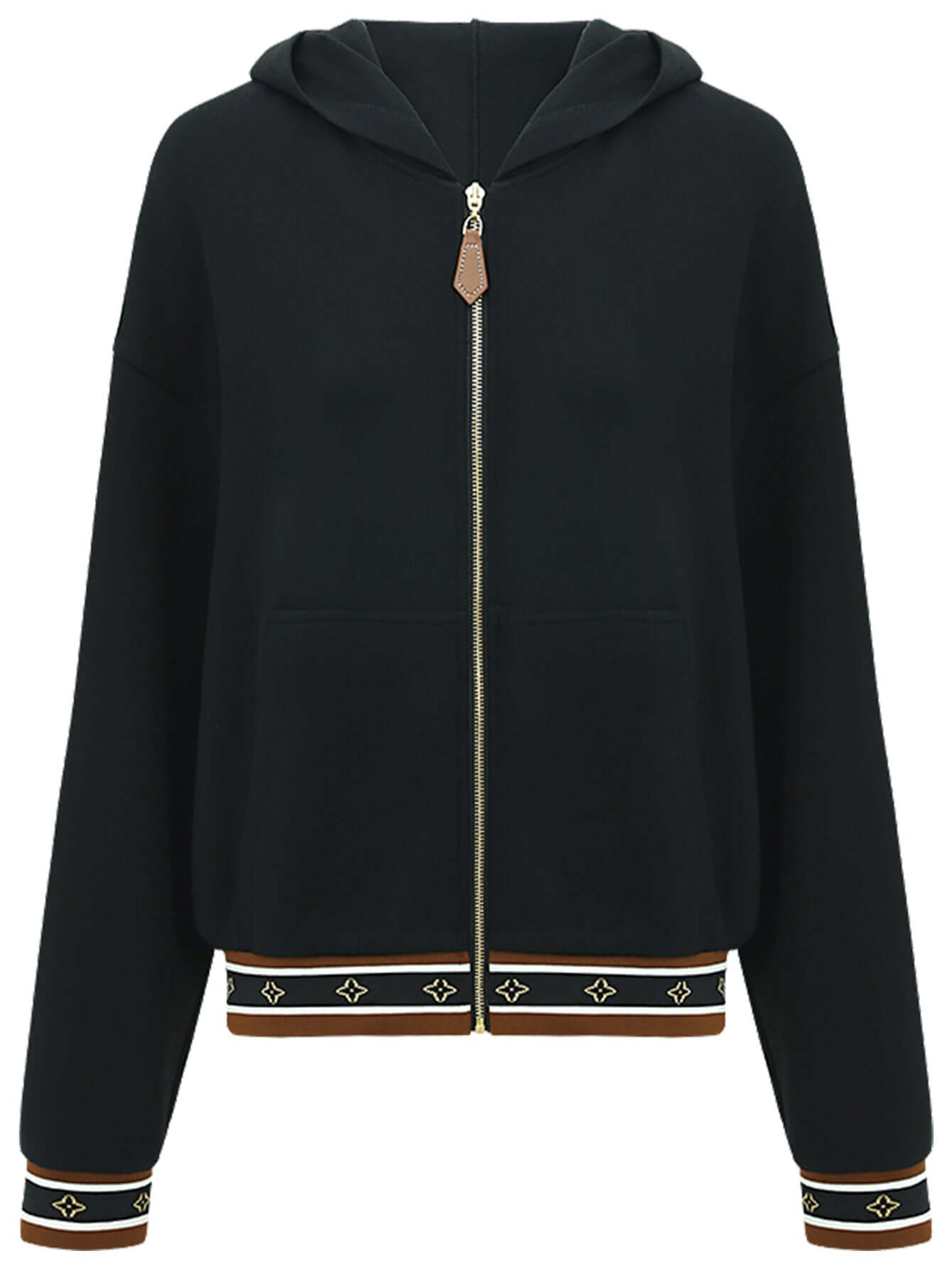 Black Zip-Through Hooded Jacket with Hem and Cuff Piping-3