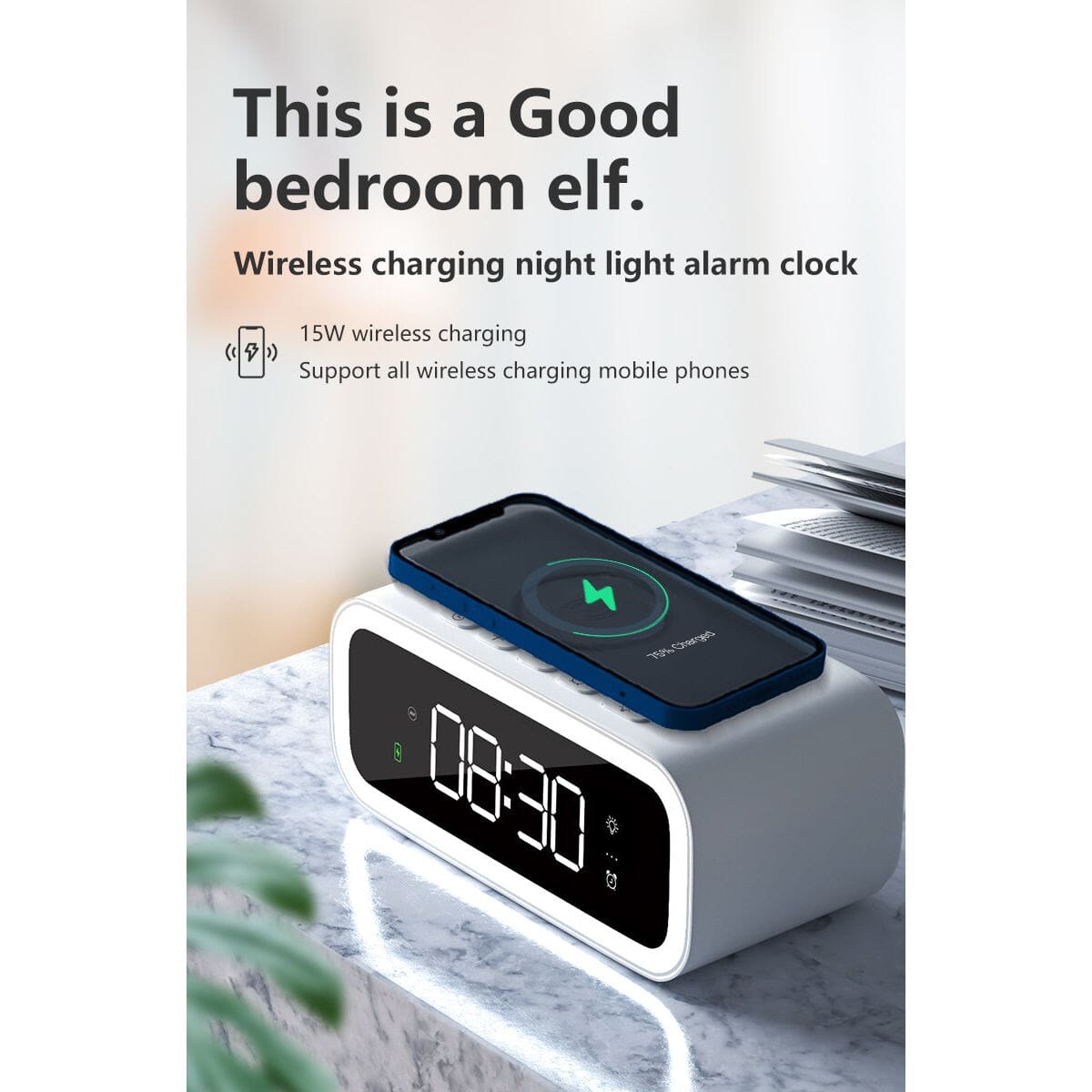 Digital väckarklocka med QI-laddare