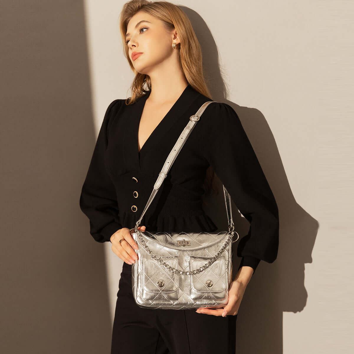 Double Top Handle Leather Bag with Detachable Shoulder Straps-5