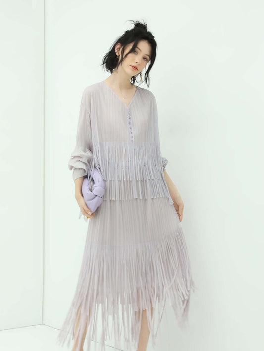 Dreamy Feminine Lilac Pleated Midi Skirt-0