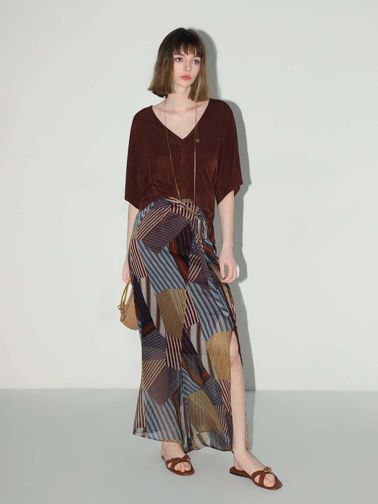 Geometric Patchwork Print Chiffon Skirt-0