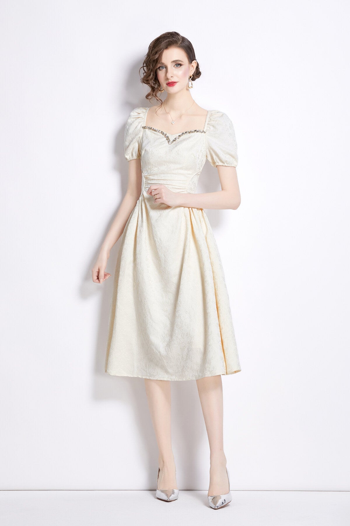 Jacquard Hand Beaded Square Neck Puff Sleeve Midi Dress-4