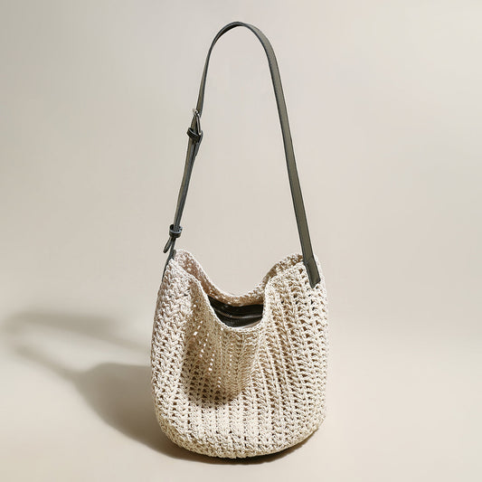 Medium White Beach Tote Bag with Blue Leather Straps-0