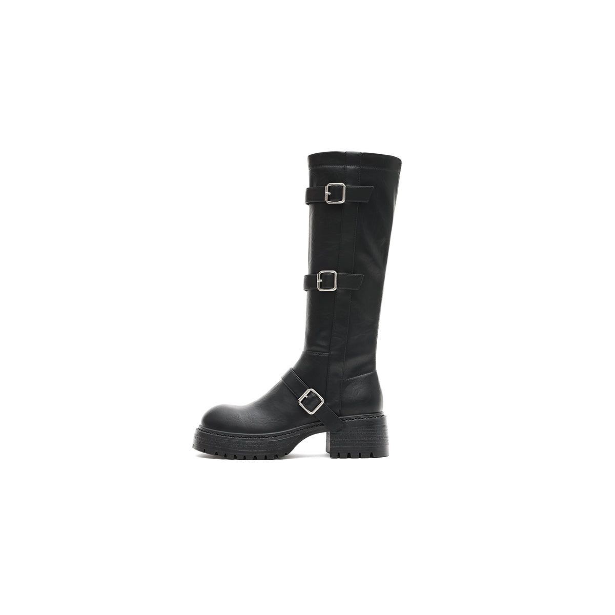 Mid-Calf Leather Boots with Buckles-0