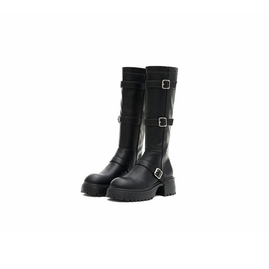 Mid-Calf Leather Boots with Buckles-1