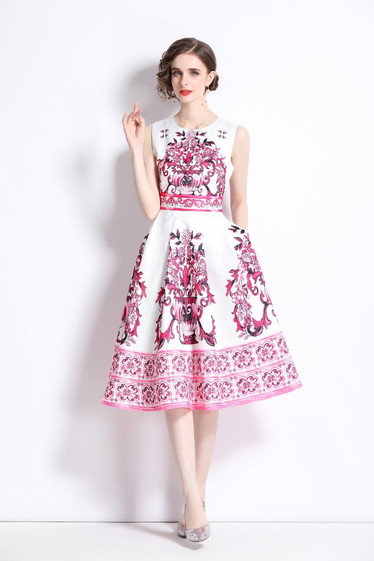 Oriental Printed Slim Fit Midi Dress-4