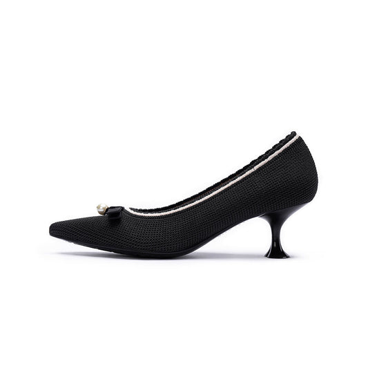 Pointed Toe Pearl Fabric Kitten Heels-0