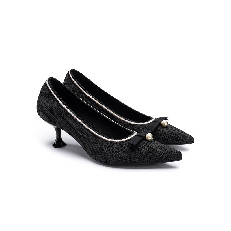 Pointed Toe Pearl Fabric Kitten Heels-1