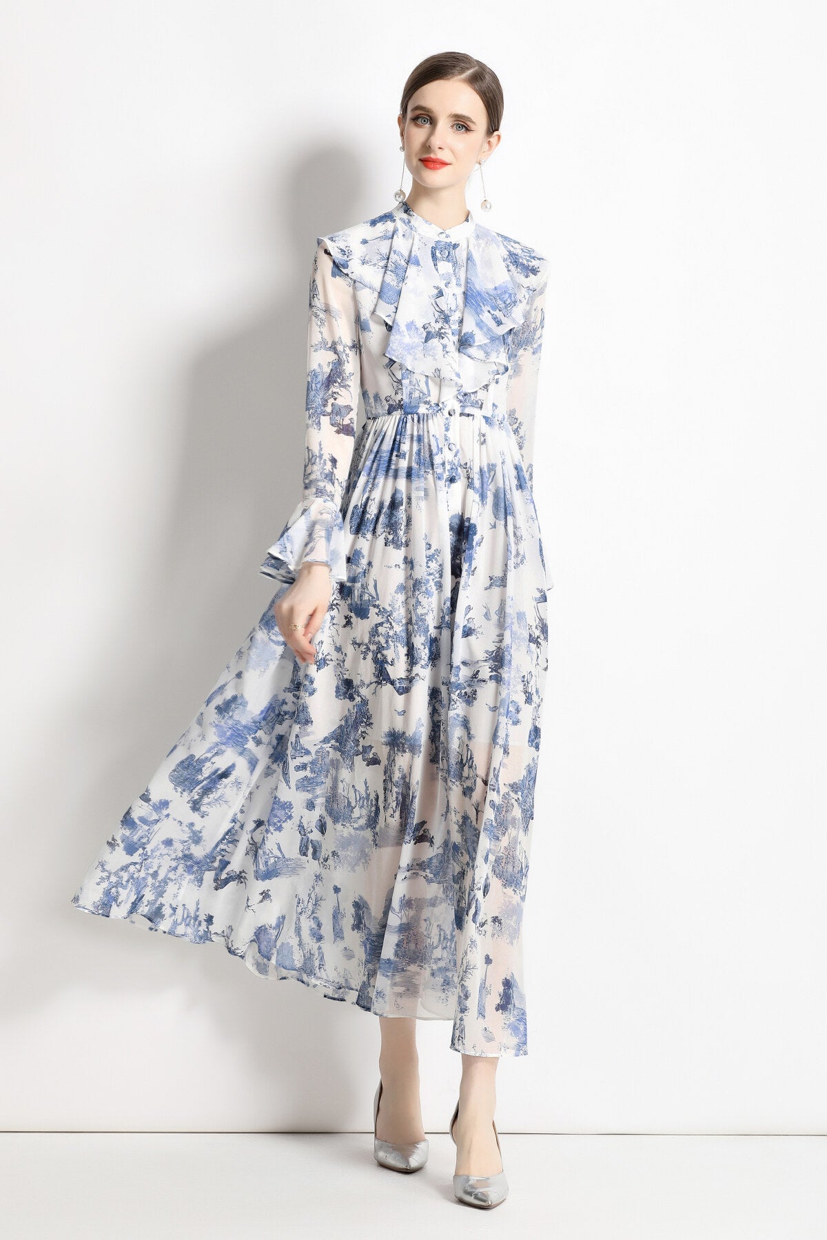Porcelain Blue Floral Slim Fit Long Sleeve Shirt Dress-1