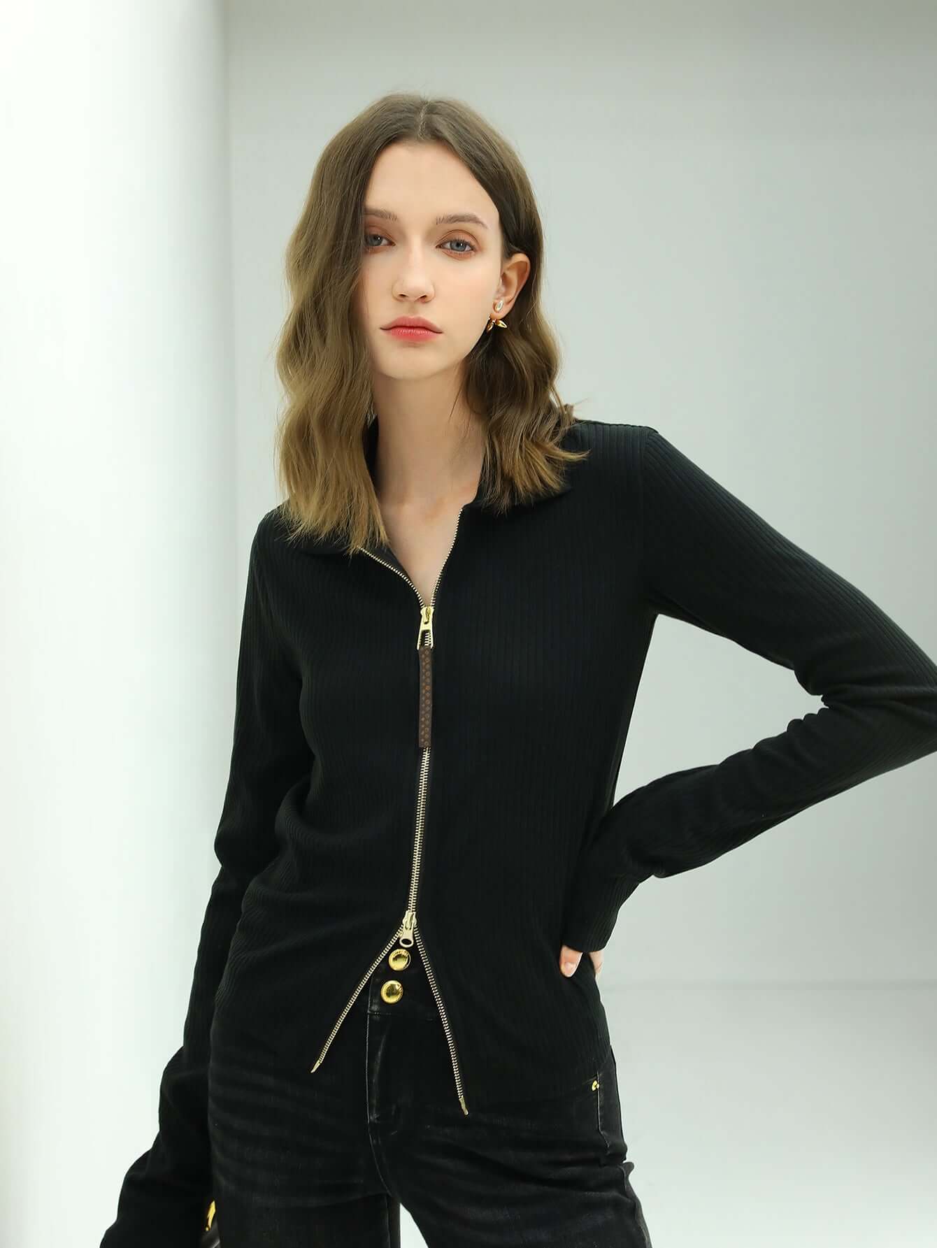 Sexy V-Neck Double Zip Cardigan-2