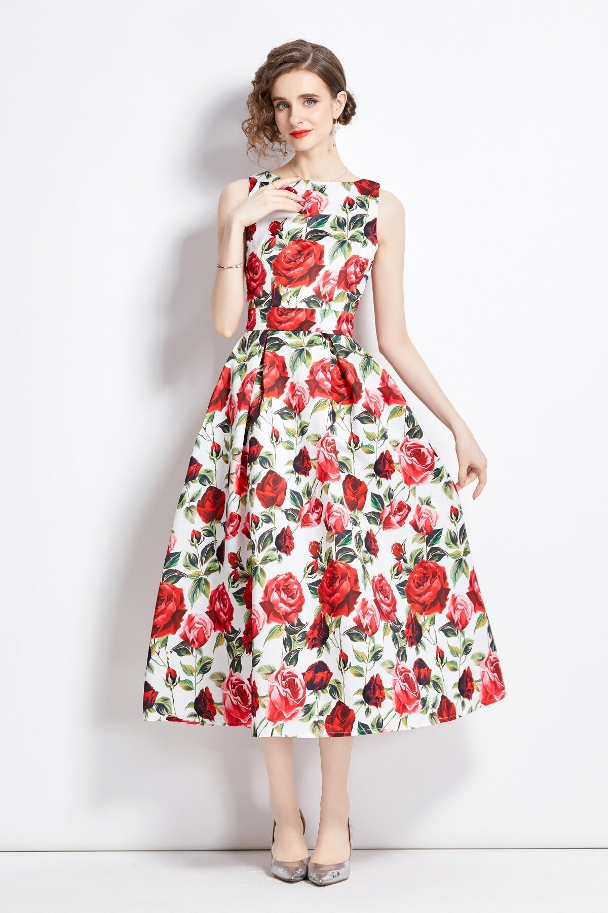 Sleeveless Form Fitting Floral A Line Dress-0
