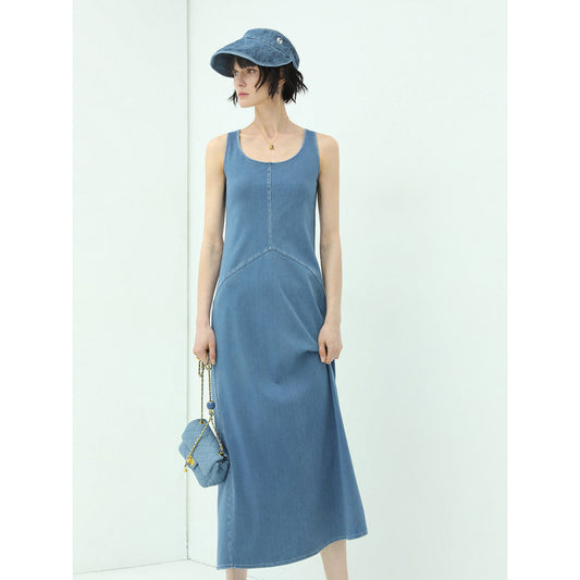 Sporty Scoop Neck Blue Denim Tank Dress-1