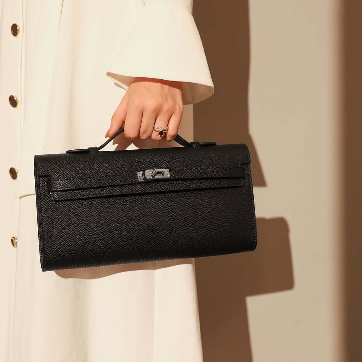 Top-Handle Leather Clutch Bag with Silver Hardware-0