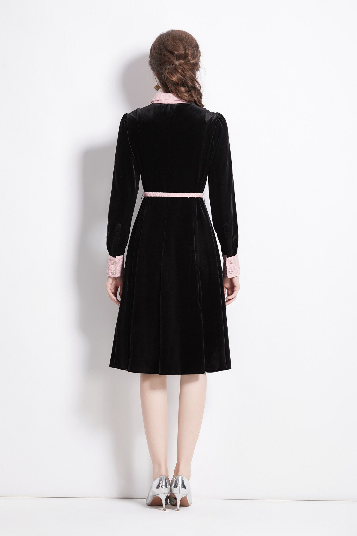 Velvet Slim Fit Black Polo Midi Dress-3