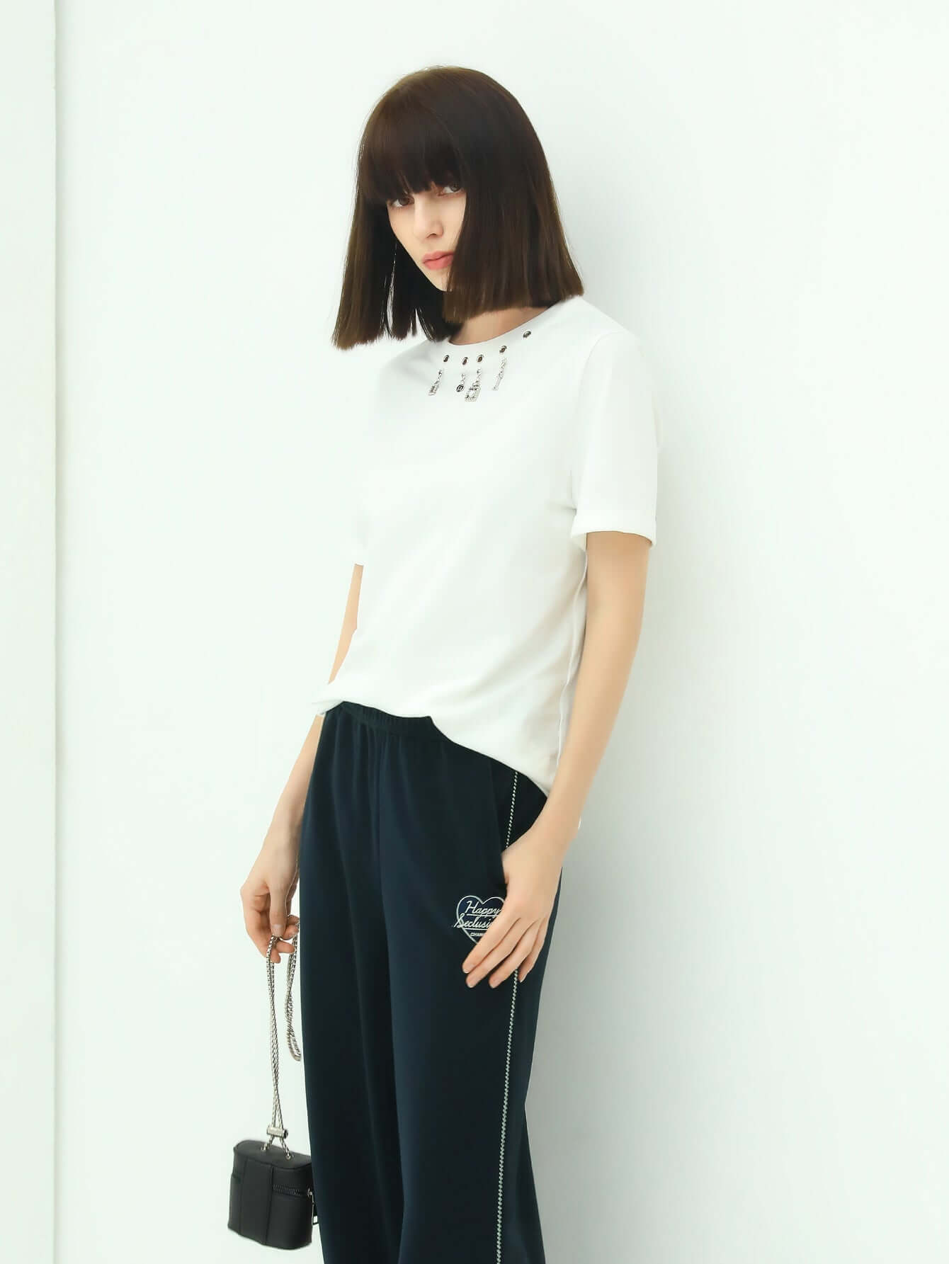 White Round Neck Tee with Embellished Charms-0
