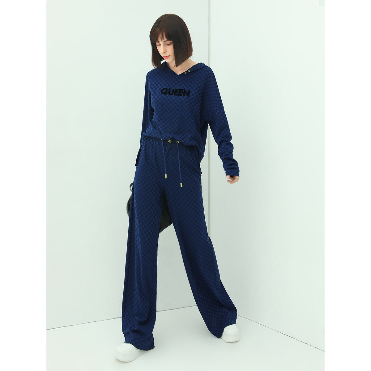 Wide Leg Checked Blue Knitted Pants-2