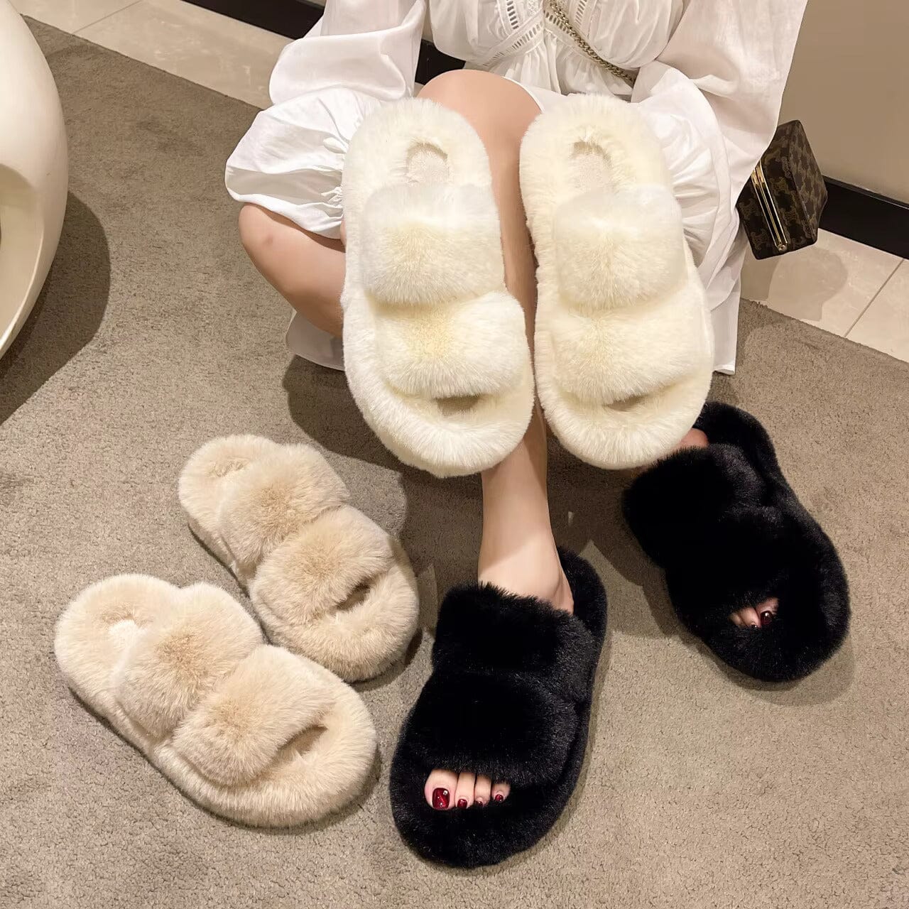 Winter Fluffy Slippers - Fluffiga varma tofflor med sula, Mysiga Tofflor för Vinterkvällar